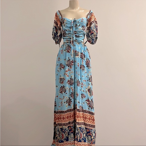 NWT FREE PEOPLE BALI SKIES PAISLEY RUCHED HALTER SHORT PUFF SLEEVES JUMPSUIT - Picture 4 of 7